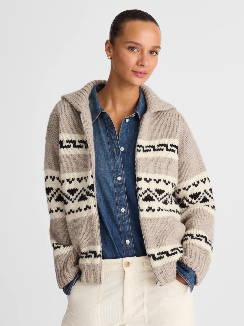 Madewell Fair Isle Zip-Front Cardigan Jacket Wool Heather Grey Size Medium